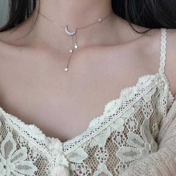 NEW 925 Sterling Silver Diamond Moon Star Necklace - Picture 3 of 6